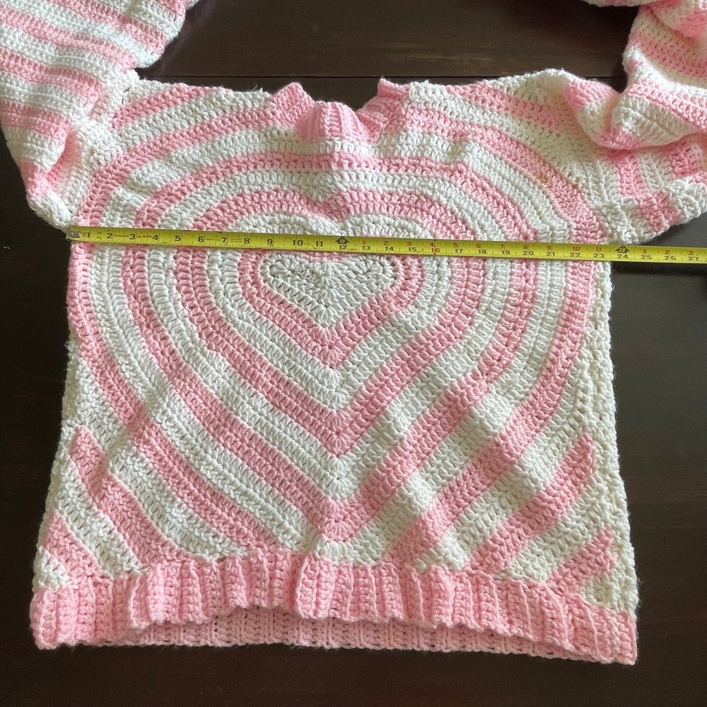 Handmade Pink‎ White Heart Crochet Sweater Striped Balloon Sleeve Oversized Boho - Picture 4 of 6